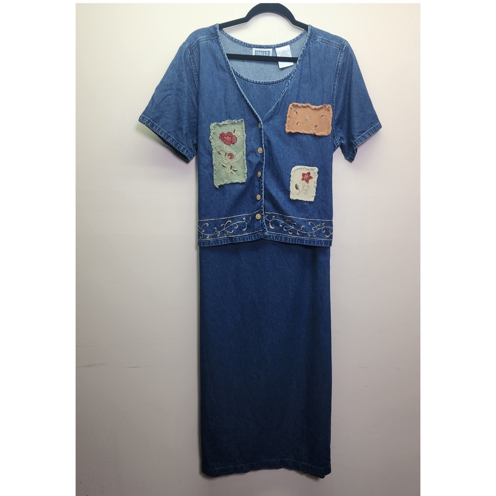 Vtg Erika & Co Denim Patchwork Midi Dress Lrg Short Sleeve Tie Back Embroidered